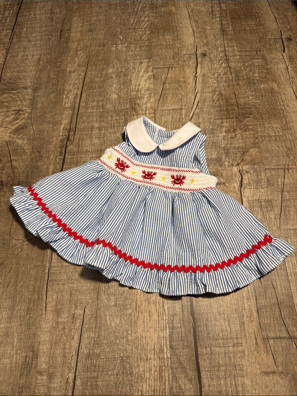 10/$10 Good Lad Blue and White Striped Baby Dress with smocked crabs  3 month